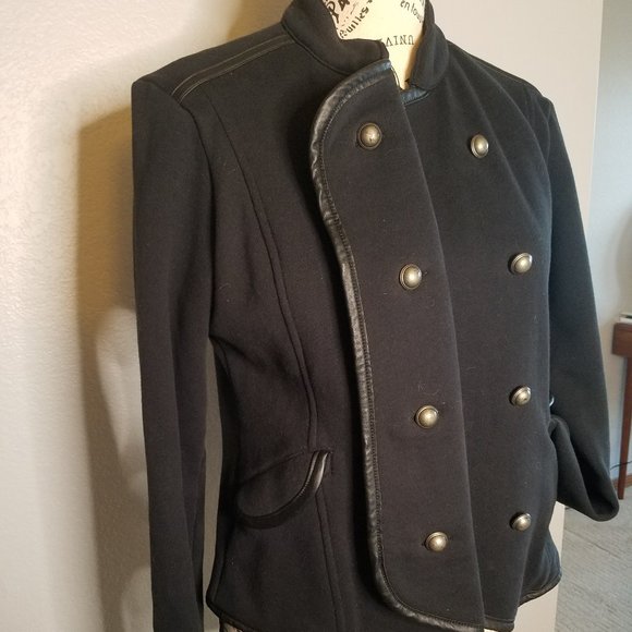 Navy Blue Military Look Blazer w/Faux Leather Trim - Picture 5 of 9